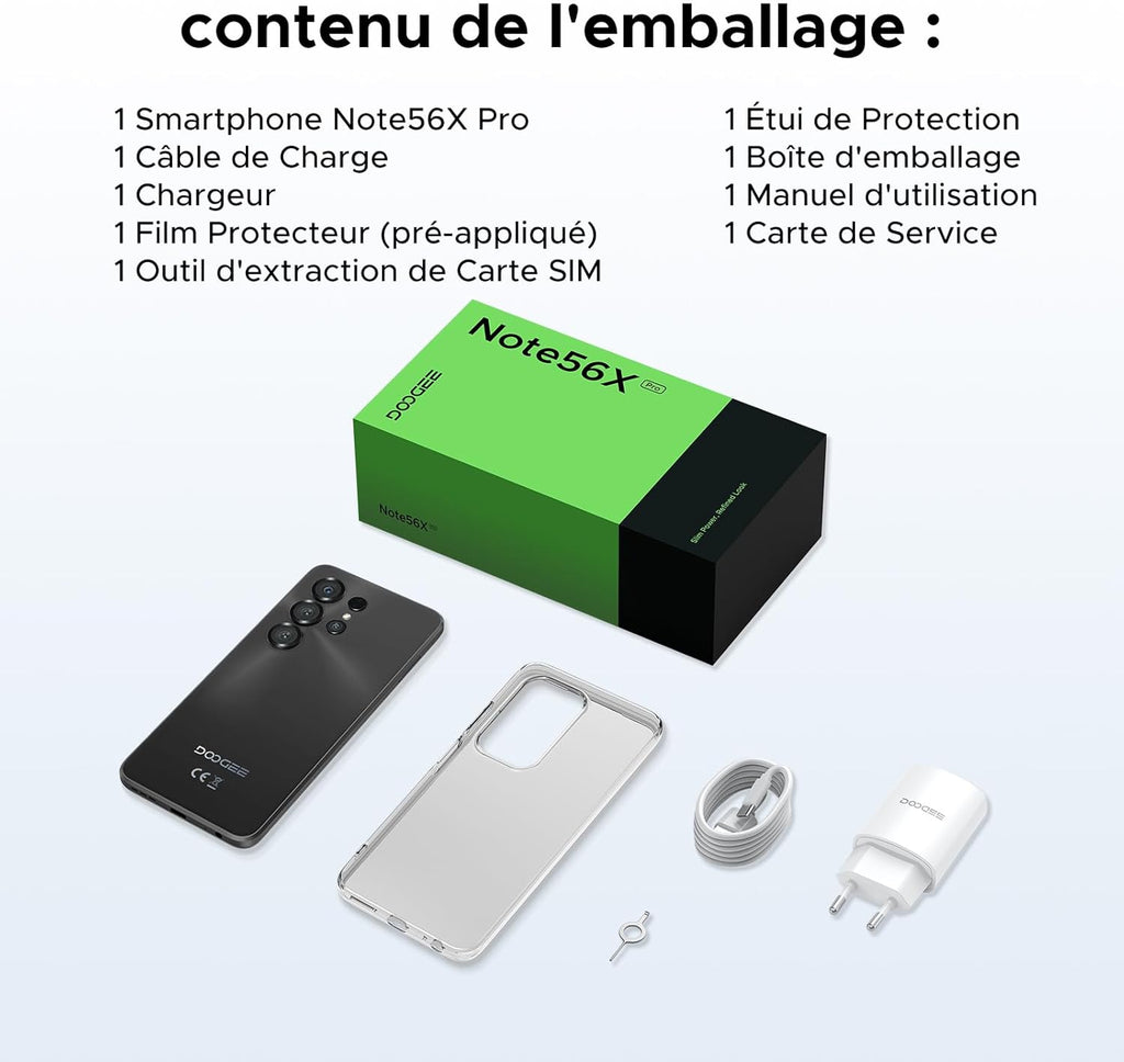 DOOGEE Note56X Pro Android 16 Smartphone Pas Cher, 6150mAh Telephone Portable Écran 6.56" HD+90Hz 32Go+128Go/TF 2To, 8MP+13MP, UNISOC T7225,Dual SIM, Octa Core, Face ID/Fingerprint/NFC/3.5mm,Noir