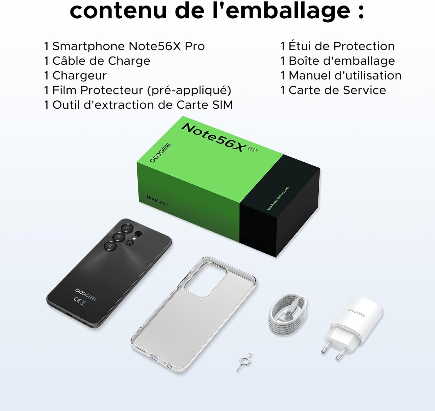 DOOGEE Note56X Pro Android 16 Smartphone Pas Cher, 6150mAh Telephone Portable Écran 6.56" HD+90Hz 32Go+128Go/TF 2To, 8MP+13MP, UNISOC T7225,Dual SIM, Octa Core, Face ID/Fingerprint/NFC/3.5mm,Noir