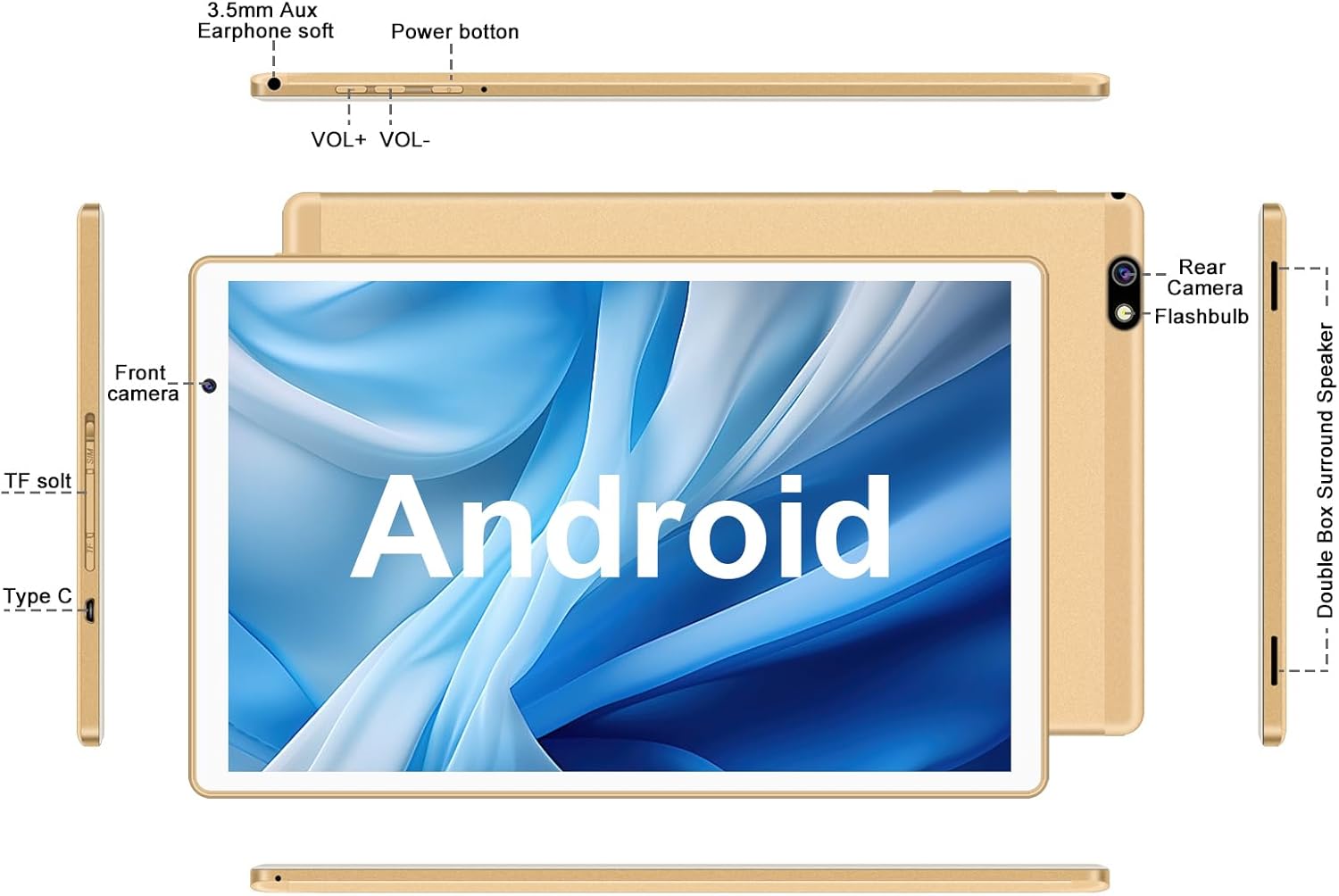 FACETEL Tablette Android Tablette 10 Pouces avec 5G WiFi, 14GoRAM + 128GoROM (TF/1To) | Octa-Core Processor | 2.0 GHz丨8000mAh丨Dual Caméra 5MP+8MP丨IPS FHD | Tablette Tactile Film Protecteur Shell - Or