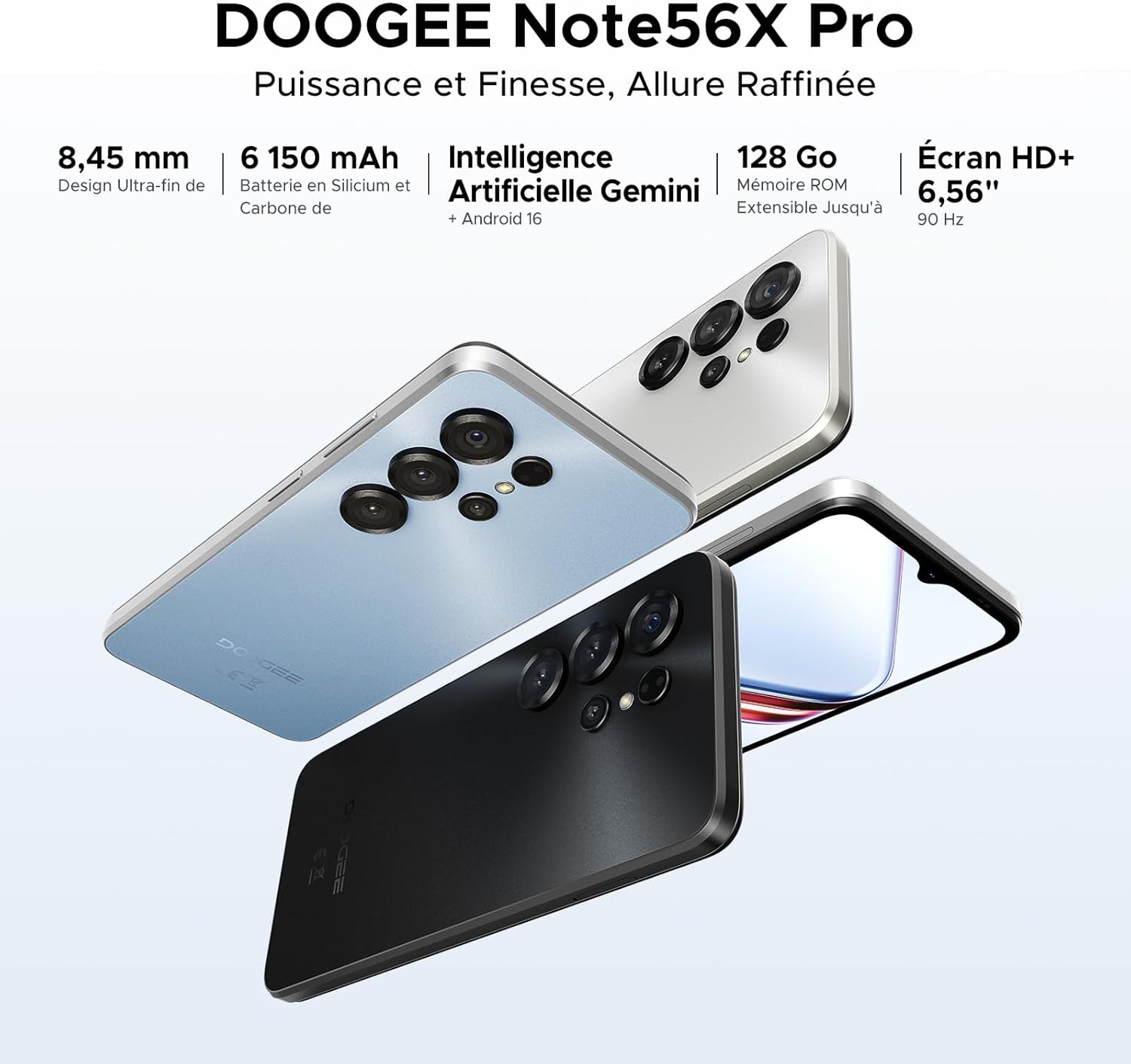 DOOGEE Note56X Pro Android 16 Smartphone Pas Cher, 6150mAh Telephone Portable Écran 6.56" HD+90Hz 32Go+128Go/TF 2To, 8MP+13MP, UNISOC T7225,Dual SIM, Octa Core, Face ID/Fingerprint/NFC/3.5mm,Noir