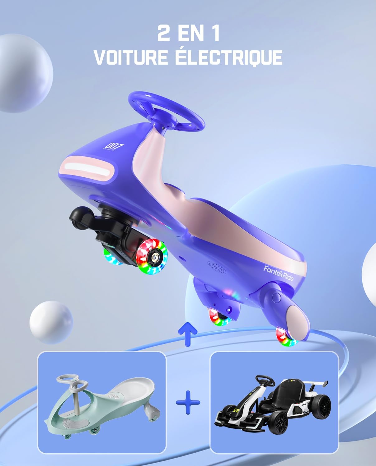 FanttikRide 12V N7 Pro Voiture Électrique Enfants, Anti-Bascule, Ergonomique, 2 en 1, 2 Vitesses, Roues Clignotantes, Bluetooth, Chargement Type C, pour Enfants à Partir de 3 Ans, 68 Kg.