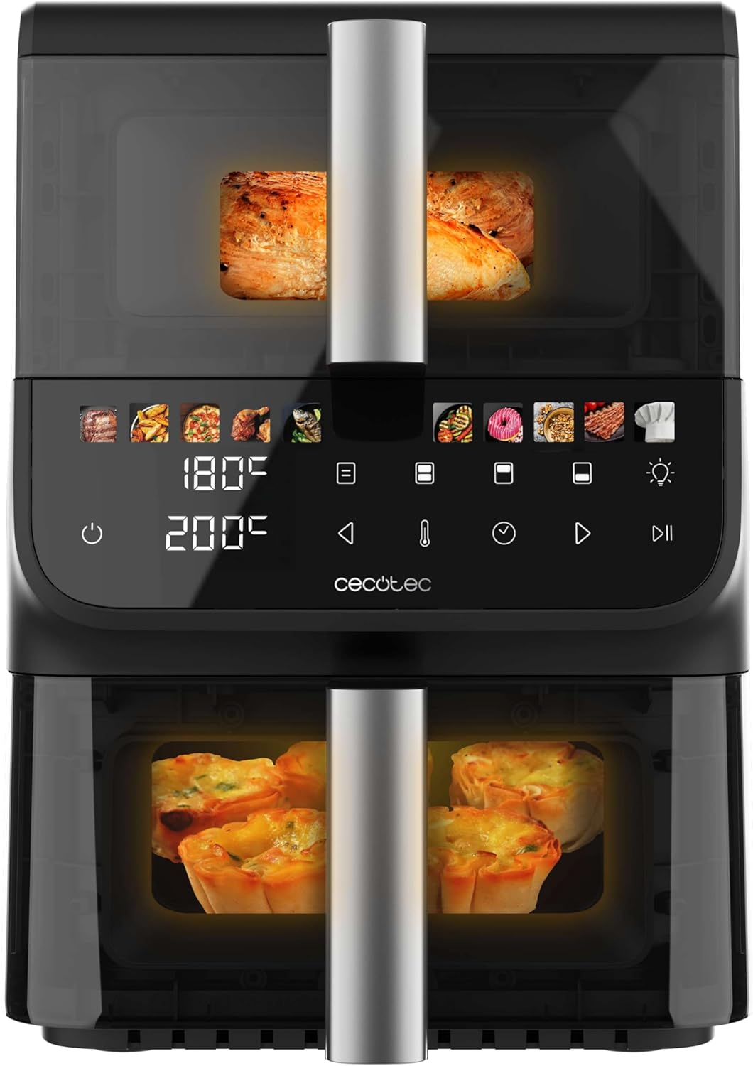 Cecotec Friteuse à Air sans Huile - Air Fryer 10L Cecofry DuoLevel 10000 DuoSize Window. 2000W, Design Vertical, 2 Cuves de 3.5L et 6.5L, Sync, 10 Menus, Température 80-200ºC, Fenêtre, Panneau Tactile