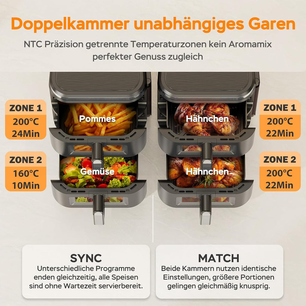 Friteuse à air verticale double compartiment, 11L Dual Zone Airfryer avec écran couleur pliable, 10 programmes, fenêtre de visualisation, matériau ignifuge V0, 2800W