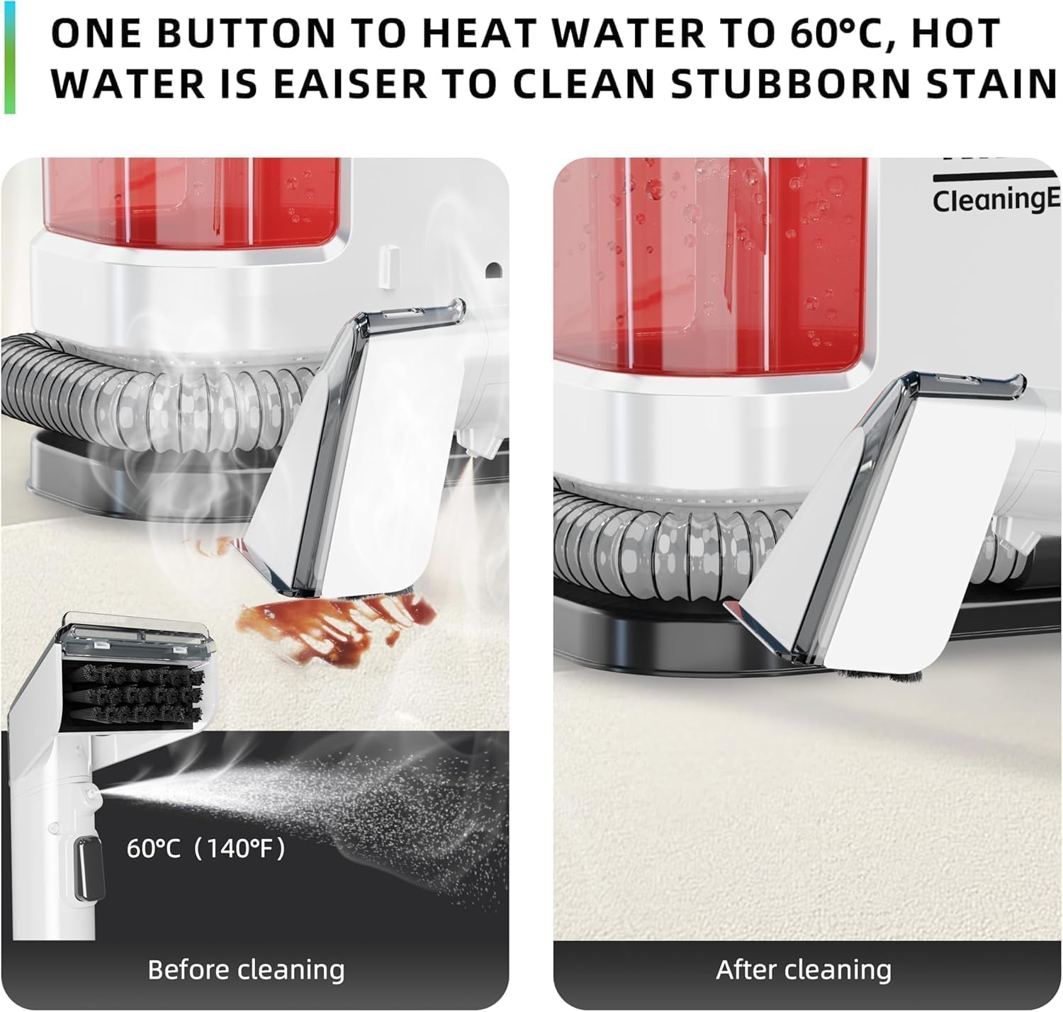 Nettoyeur de tapis et de tissus d'ameublement portable, chauffage instantané, Shampouineuse Canapé, puissant aspirateur et nettoyeur en profondeur (MN1)