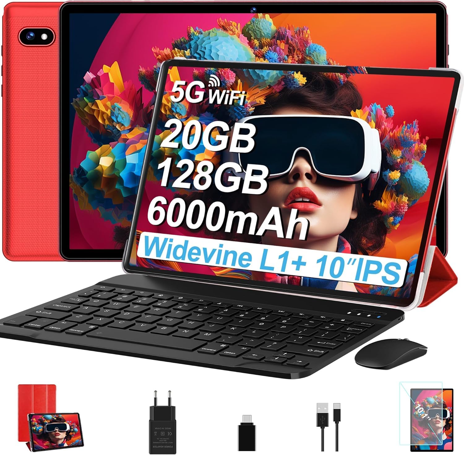 2026 Android Tablette 10 Pouces, 20Go RAM + 128Go ROM(TF 2To), Avec 5G WiFi 6, 5MP+8MP, Octa-Core 2.0 GHz, 8000mAh, GPS, Gemini AI Tablette, Widevine L1, Tablette Tactile avec Clavier + Souris（Argent）