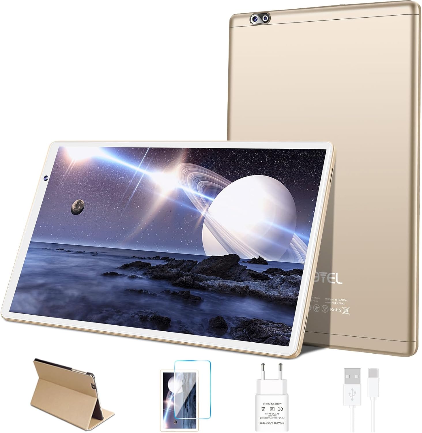 FACETEL Tablette Android Tablette 10 Pouces avec 5G WiFi, 14GoRAM + 128GoROM (TF/1To) | Octa-Core Processor | 2.0 GHz丨8000mAh丨Dual Caméra 5MP+8MP丨IPS FHD | Tablette Tactile Film Protecteur Shell - Or