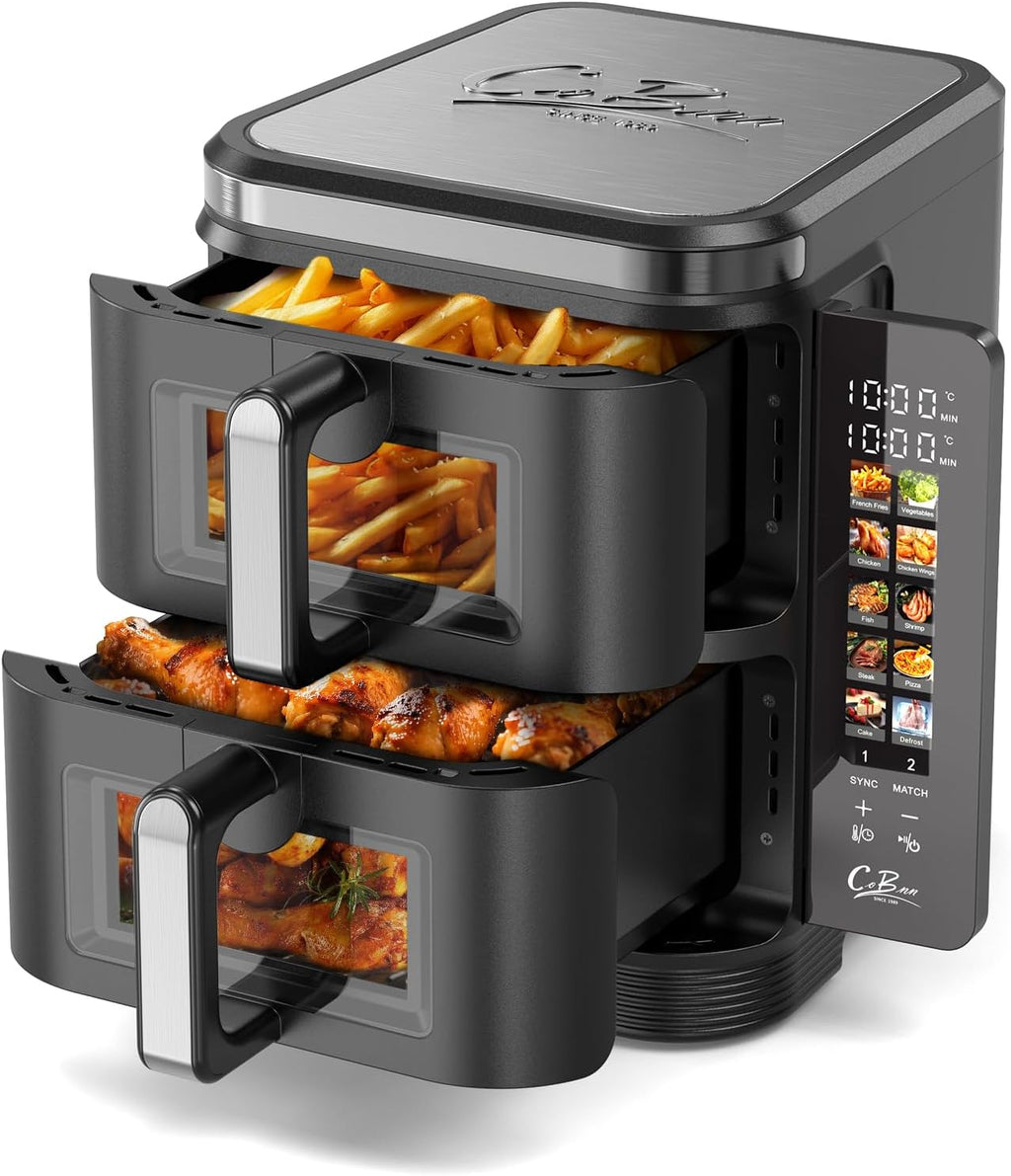 Friteuse à air verticale double compartiment, 11L Dual Zone Airfryer avec écran couleur pliable, 10 programmes, fenêtre de visualisation, matériau ignifuge V0, 2800W