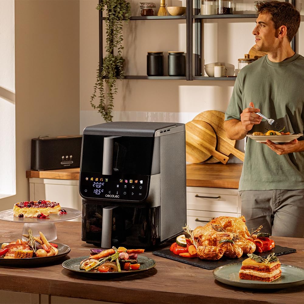 Cecotec Friteuse à Air sans Huile - Air Fryer 10L Cecofry DuoLevel 10000 DuoSize Window. 2000W, Design Vertical, 2 Cuves de 3.5L et 6.5L, Sync, 10 Menus, Température 80-200ºC, Fenêtre, Panneau Tactile
