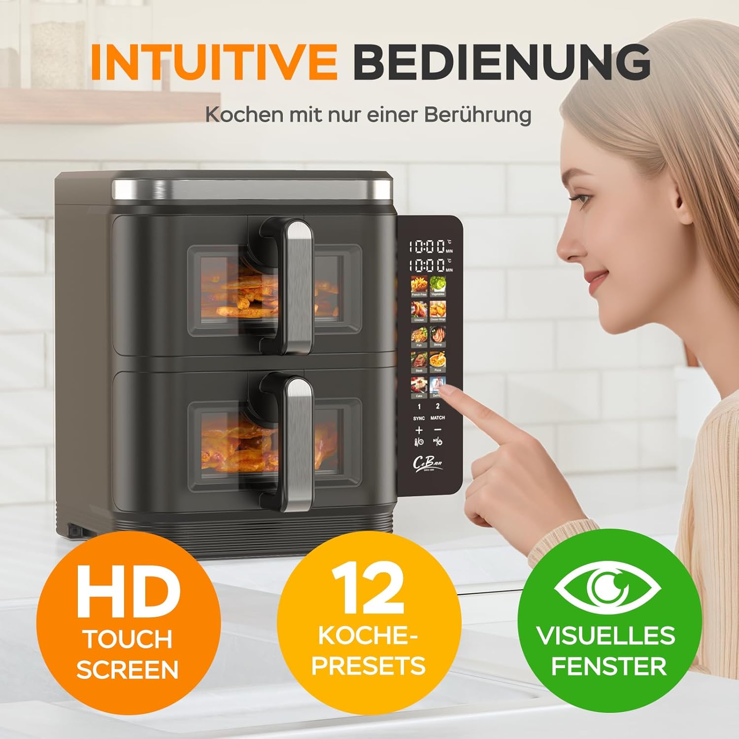 Friteuse à air verticale double compartiment, 11L Dual Zone Airfryer avec écran couleur pliable, 10 programmes, fenêtre de visualisation, matériau ignifuge V0, 2800W