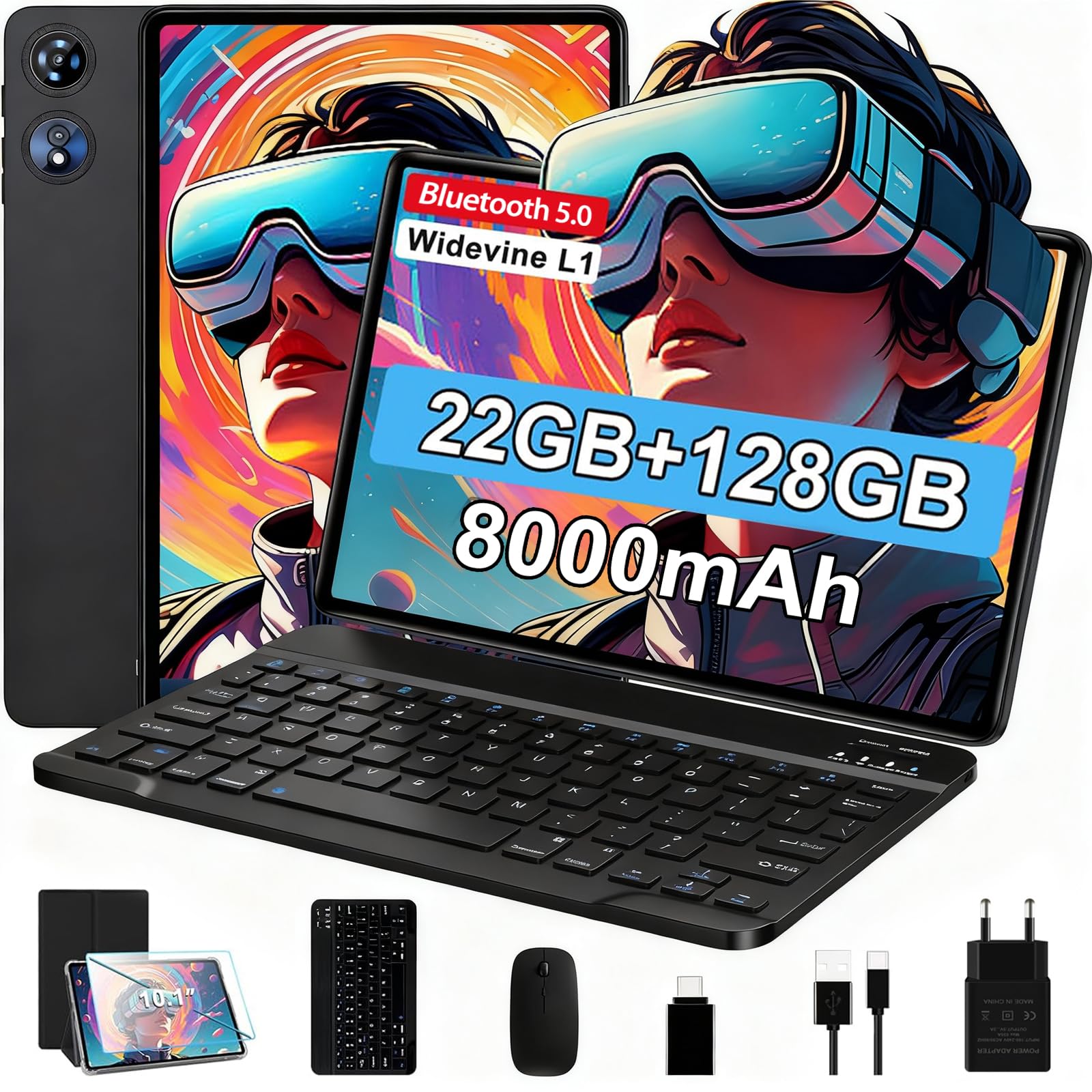 2026 Android Tablette 10 Pouces, 20Go RAM + 128Go ROM(TF 2To), Avec 5G WiFi 6, 5MP+8MP, Octa-Core 2.0 GHz, 8000mAh, GPS, Gemini AI Tablette, Widevine L1, Tablette Tactile avec Clavier + Souris（Argent）