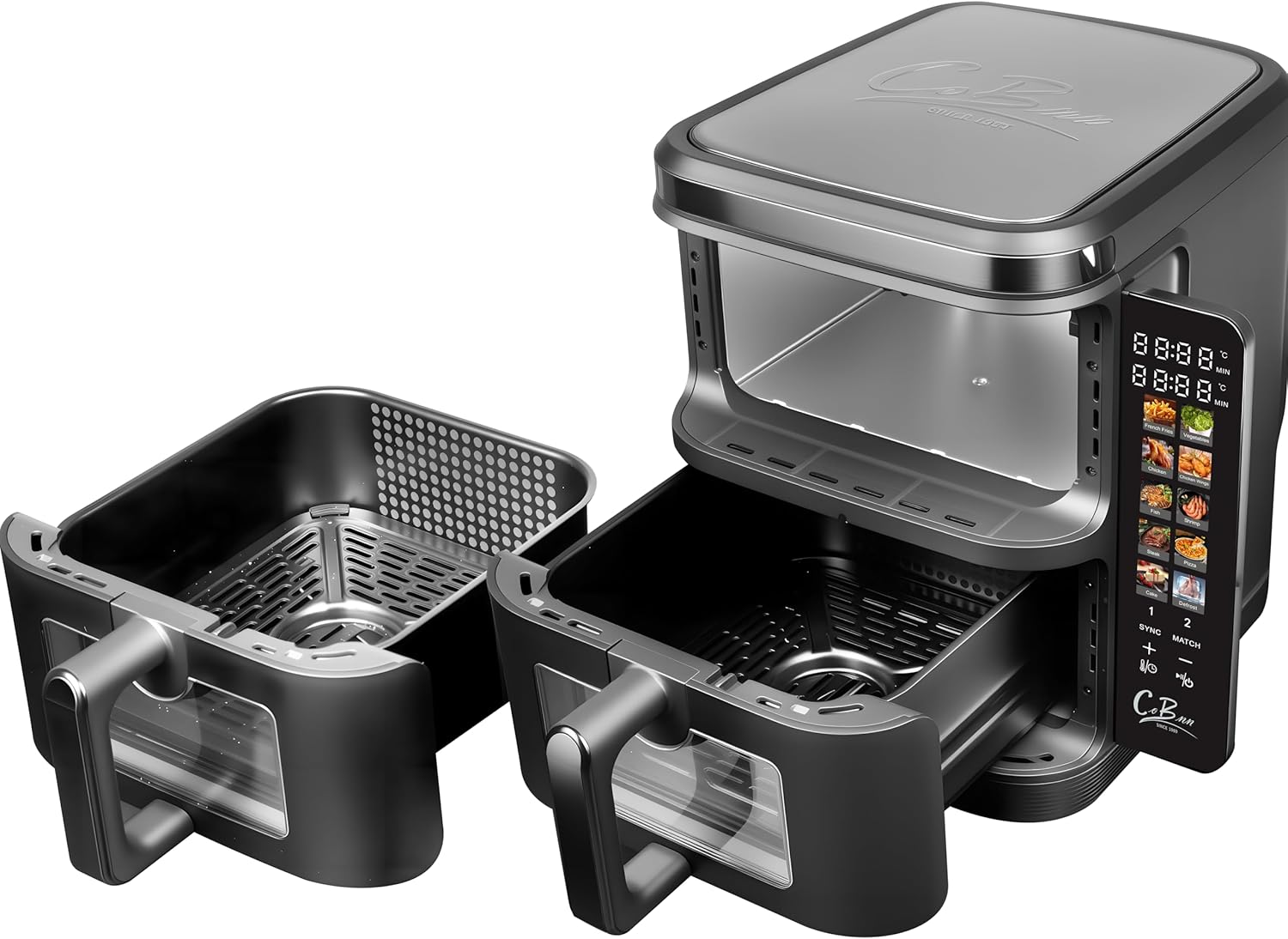 Friteuse à air verticale double compartiment, 11L Dual Zone Airfryer avec écran couleur pliable, 10 programmes, fenêtre de visualisation, matériau ignifuge V0, 2800W