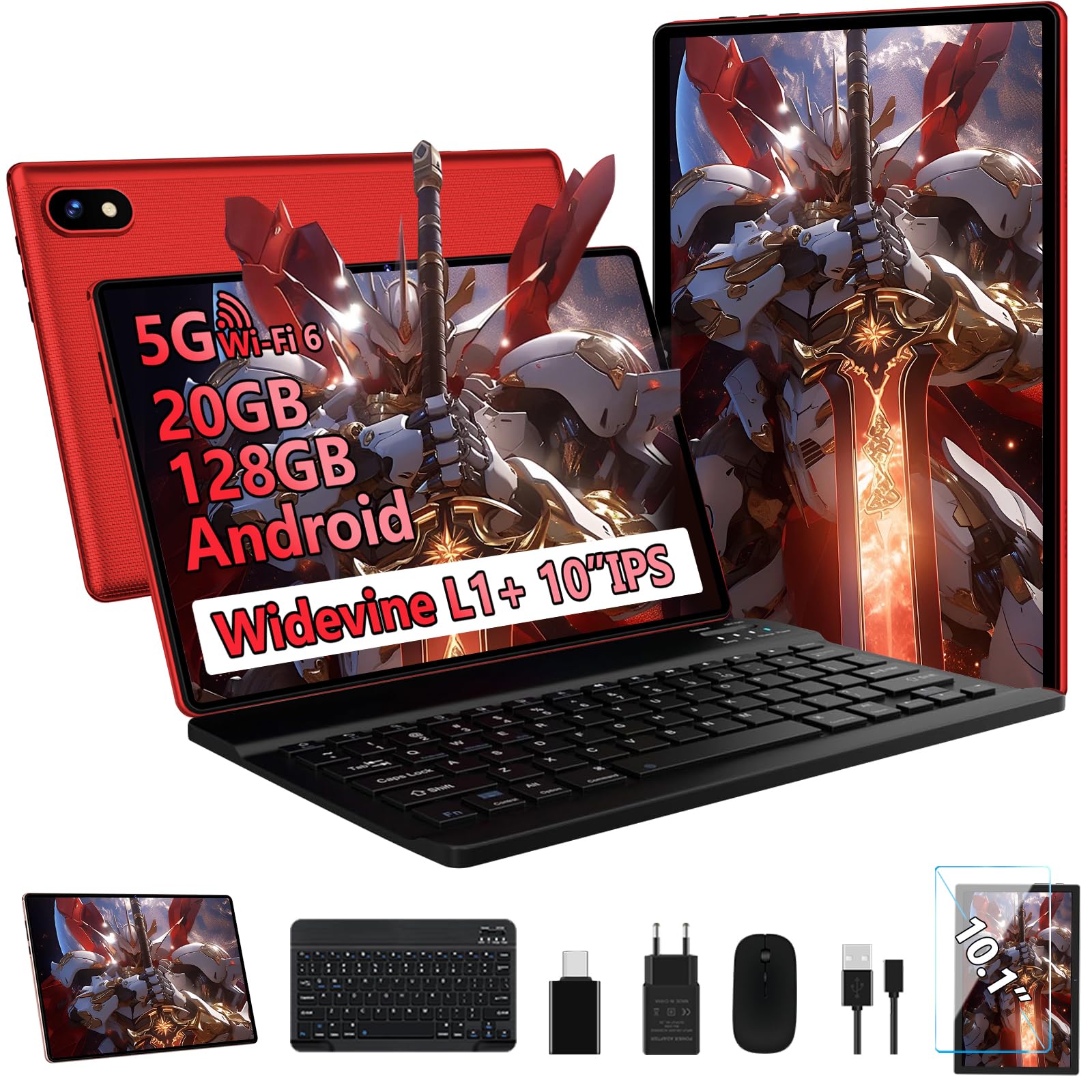 2026 Android Tablette 10 Pouces, 20Go RAM + 128Go ROM(TF 2To), Avec 5G WiFi 6, 5MP+8MP, Octa-Core 2.0 GHz, 8000mAh, GPS, Gemini AI Tablette, Widevine L1, Tablette Tactile avec Clavier + Souris（Argent）