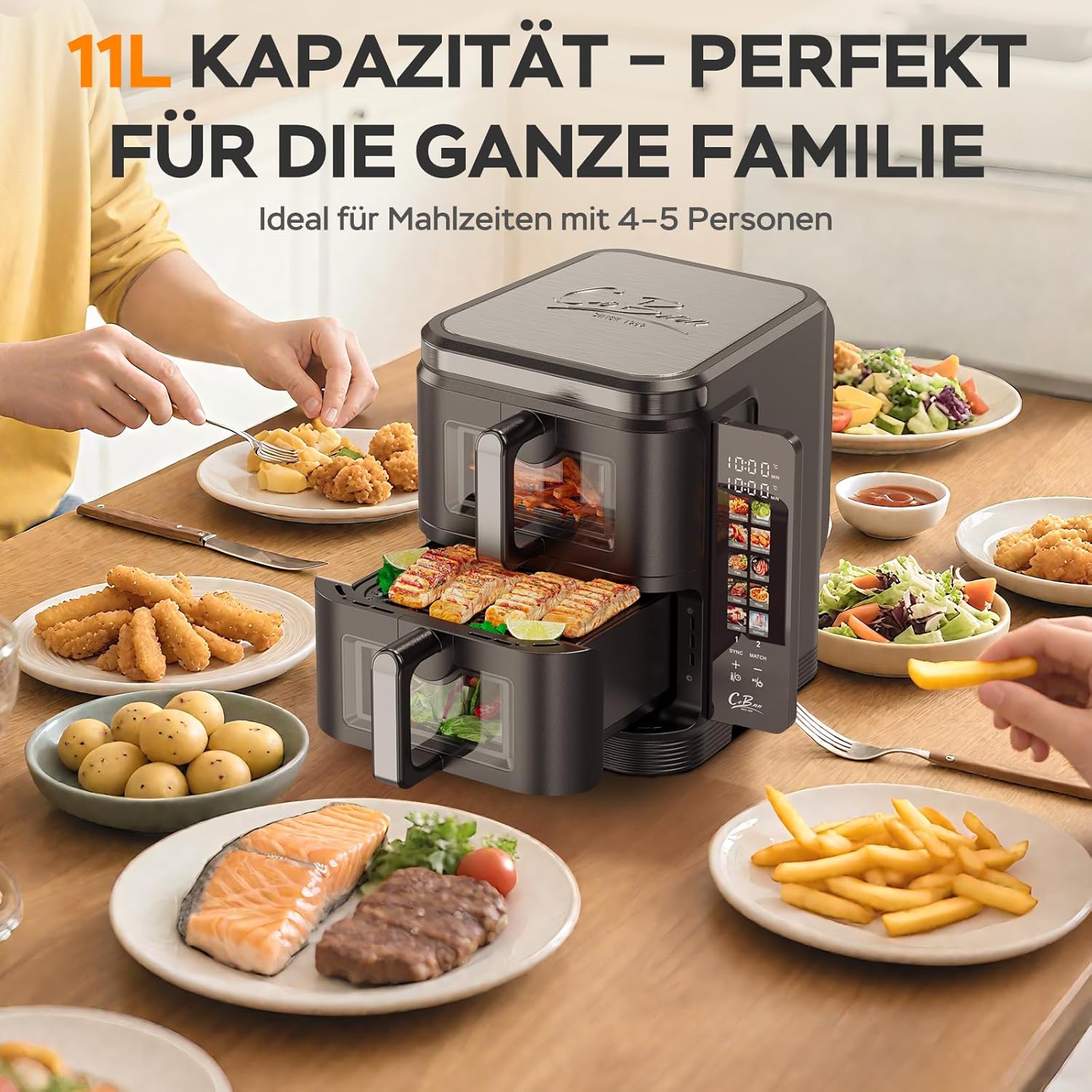 Friteuse à air verticale double compartiment, 11L Dual Zone Airfryer avec écran couleur pliable, 10 programmes, fenêtre de visualisation, matériau ignifuge V0, 2800W