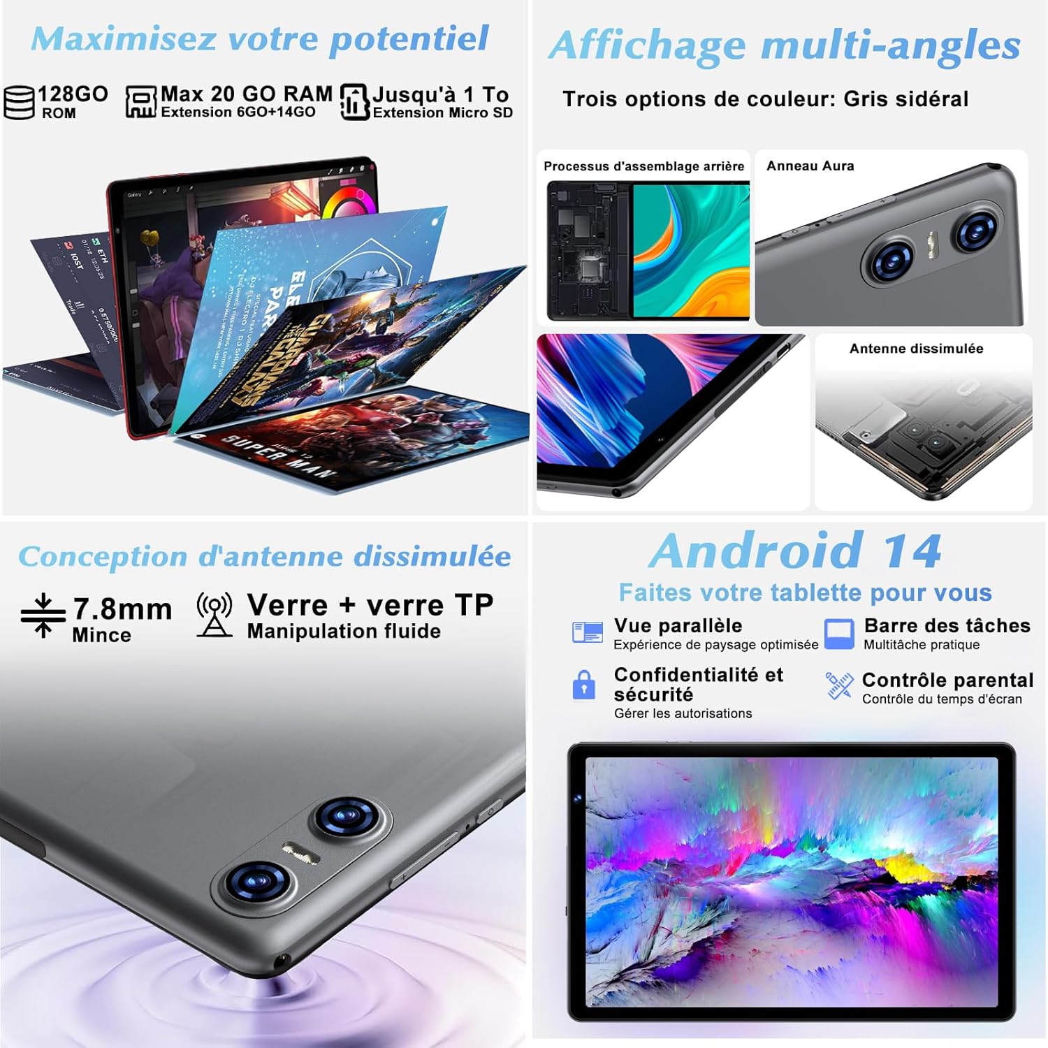 Tablette Android 14 avec 5G Wi-Fi 6, 20 GO RAM+128 GO ROM (Extensible Jusqu'à 1 To), Tablette Tactile avec Widevine L1, 8 Cœurs, 5MP+8MP, Tablette 10 Pouces avec Clavier+Souris et Cas, Gris Espace